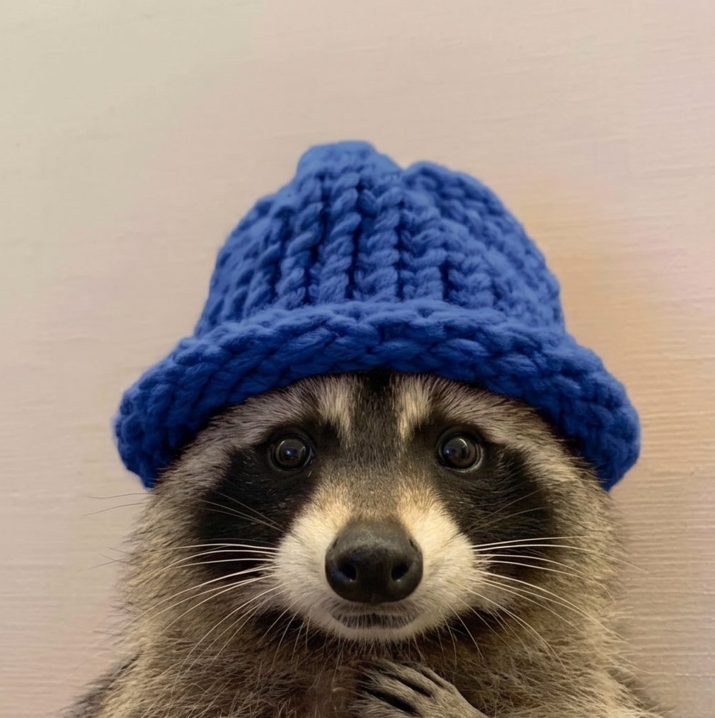 Raccoon in a blue knitted hat