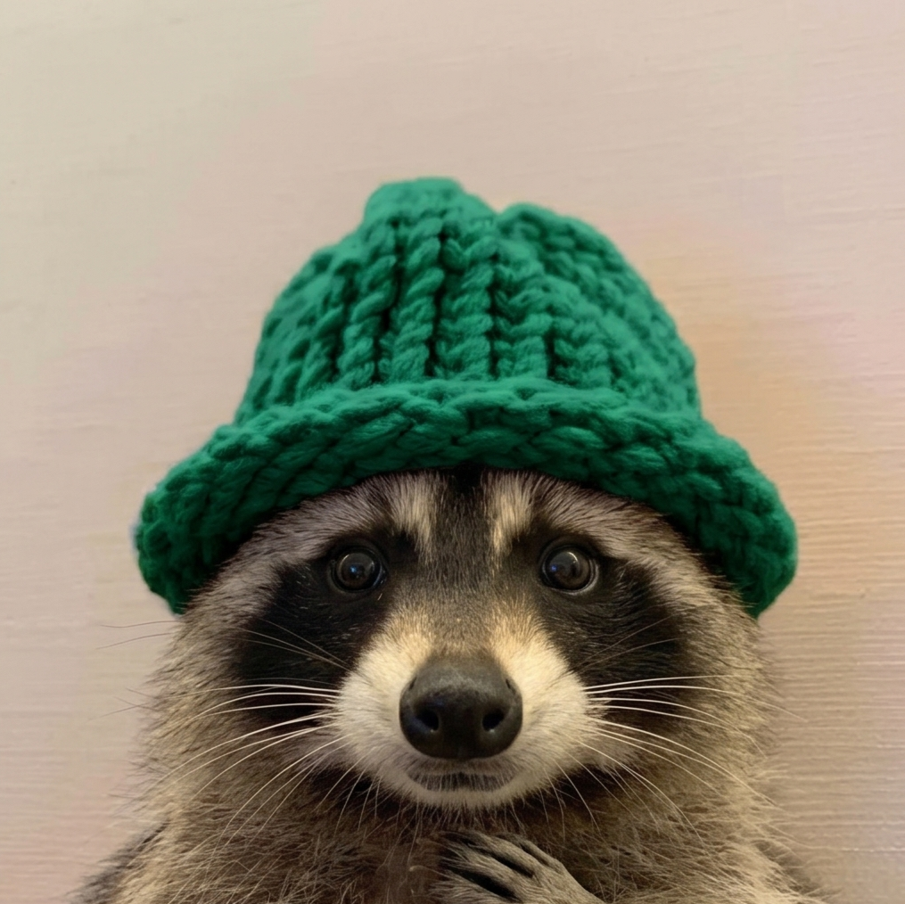 Raccoon in a green knitted hat