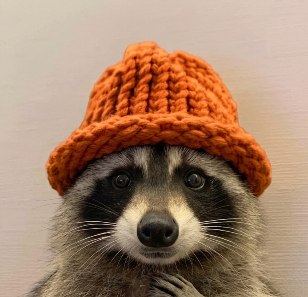Raccoon in an orange knitted hat