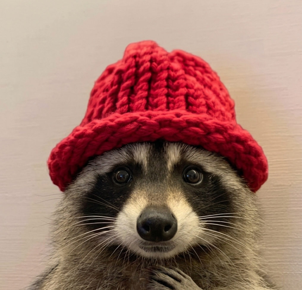 Raccoon in a red knitted hat